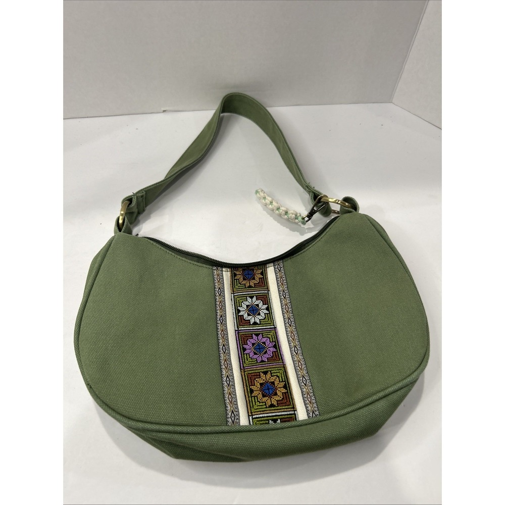 Green‎ Embroidered Hand Bag Zip Closure Lined Pockets